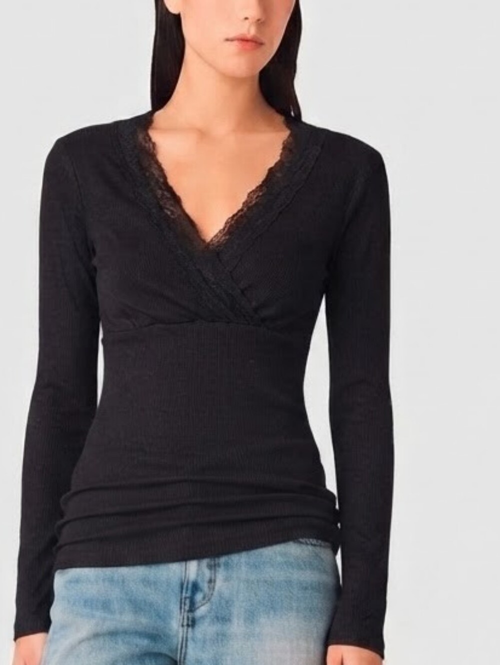 The Limited Vintage Y2K Lace Ribbed XL V Faux Wrap Black Cotton Long T Sleeve
